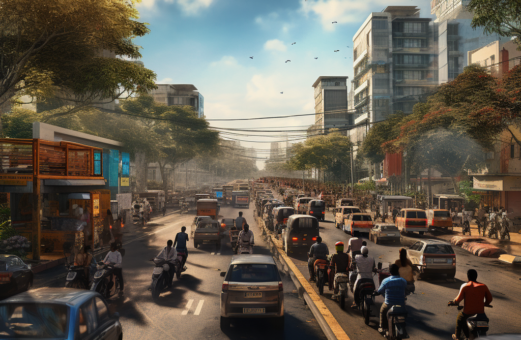 A midjourney imagining of a busy Bangalore street where the story takes place.