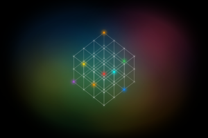 A three-dimensional lattice of glowing nodes and translucent white lines floating within soft, overlapping clouds of blue, purple, green, and amber, representing structured human knowledge existing inside a vast, continuous space of ideas