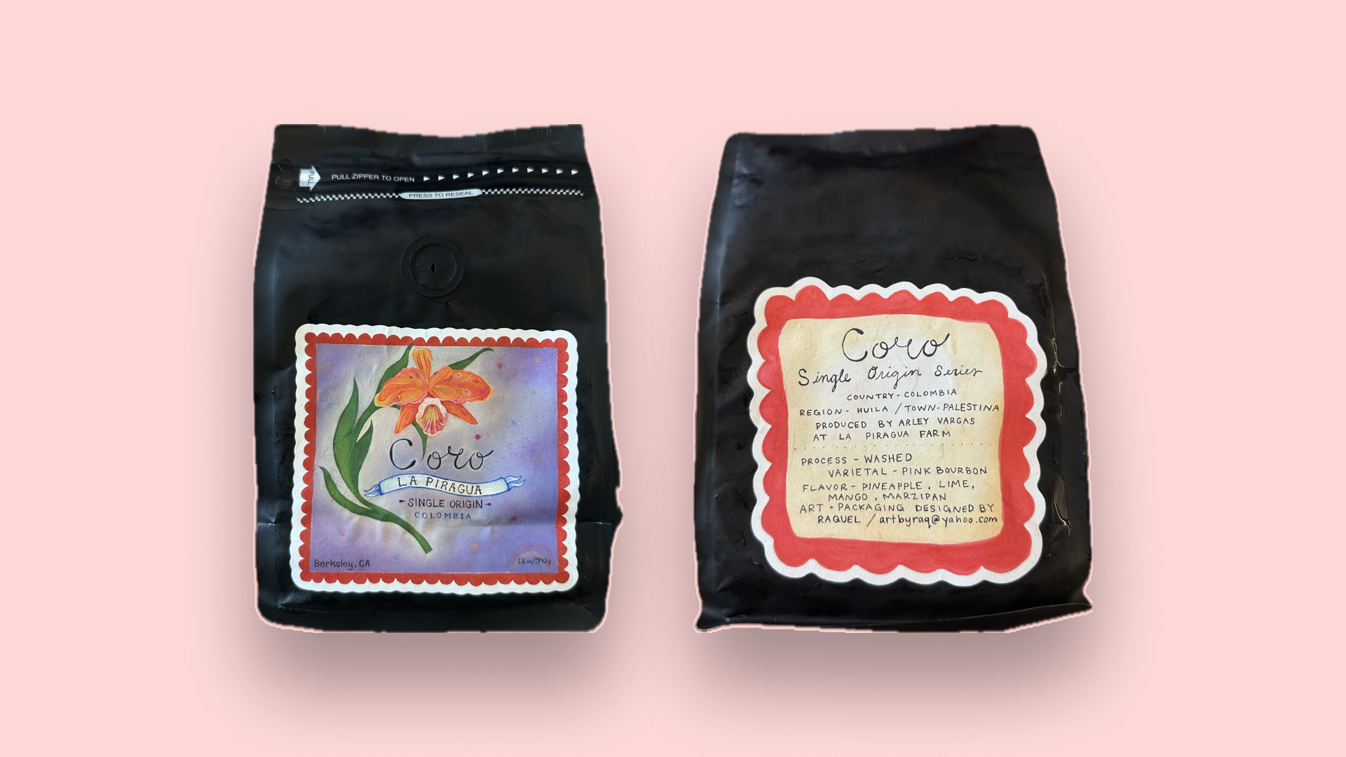 Coffee bag for CoRo La Piragua Pink Bourbon Colombian coffee by Coro Coffee