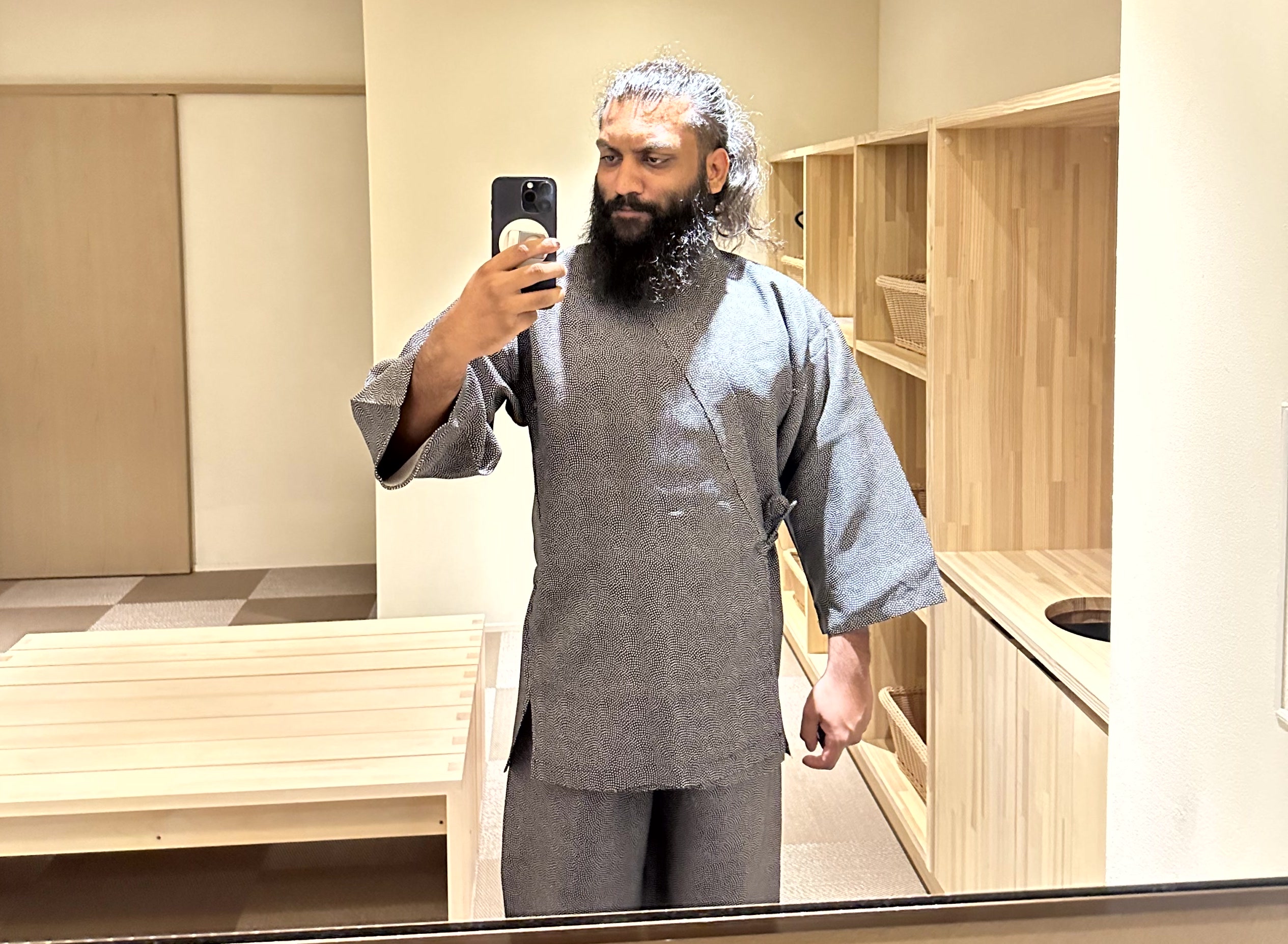The author, Vishal in the dressing room wearing a traditional attire—Jinbei
