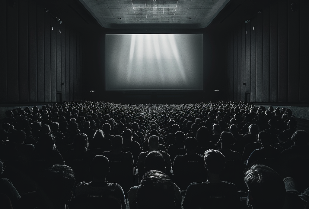 A midjourney imagining of a dark movie theatre showing silhauttes of people.