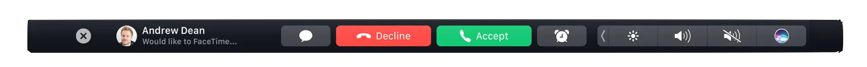 Touch Bar showing a FaceTime Call notification