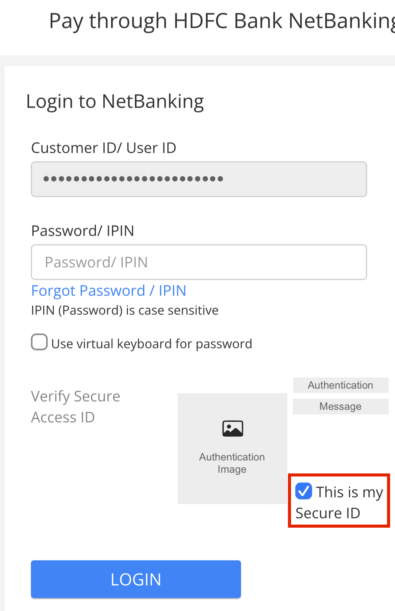 HDFC Bank login page when going through Juspay on Swiggy. The 'This is my Secure ID' checkbox is checked by default.