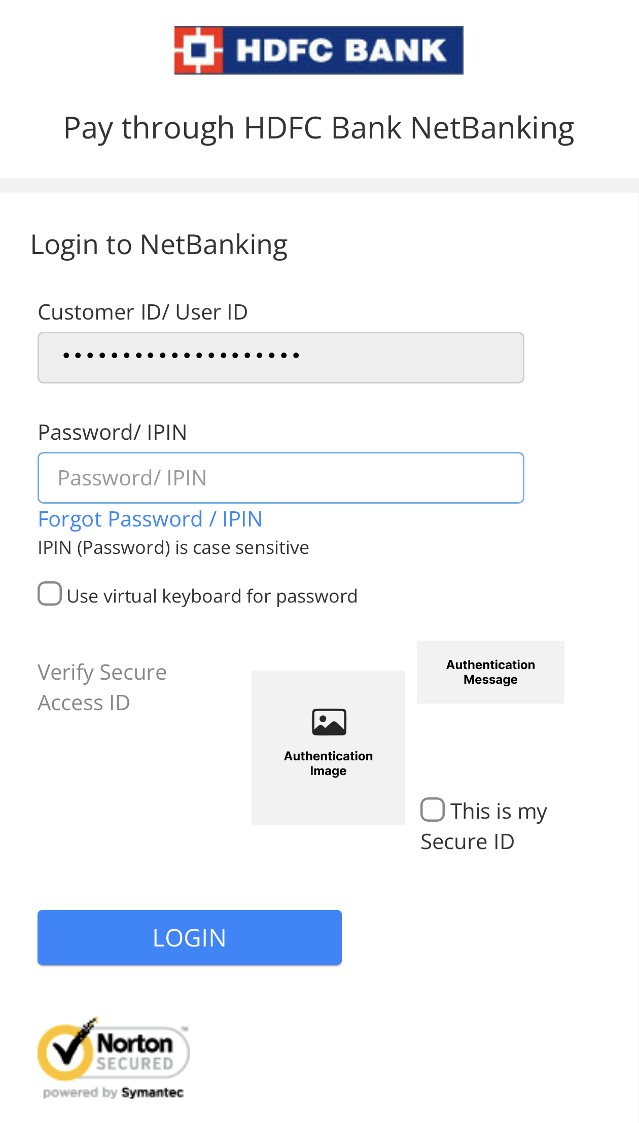 This is a typical HDFC login page displayed on a mobile screen during a payment flow that does not involve Juspay. Note that I have masked my actual details and overlaid them with gray boxes.