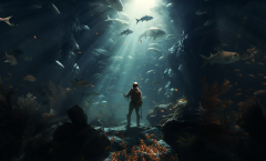 An illustration showing a fisher-person underwater. A metophor on Phishing, a kind of cyber attack.